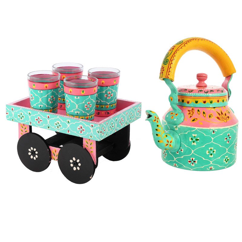HandPainted Alluminium Tea Kettle with Four Glasses and Wooden Tray For Home Décor , Tea Party , Serving - Image 2