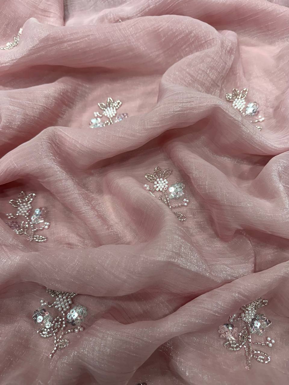 Women's Soft Pink Organza Saree with Delicate Pearl & Sequin Floral Embroidery – Lightweight Sheer Drape for Festive, Wedding & Party Wear - Image 3